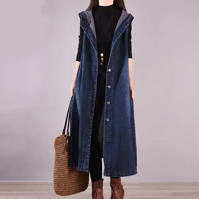 Vintage Loose Sleeveless Long Denim Vest Hooded Jacket Blazer