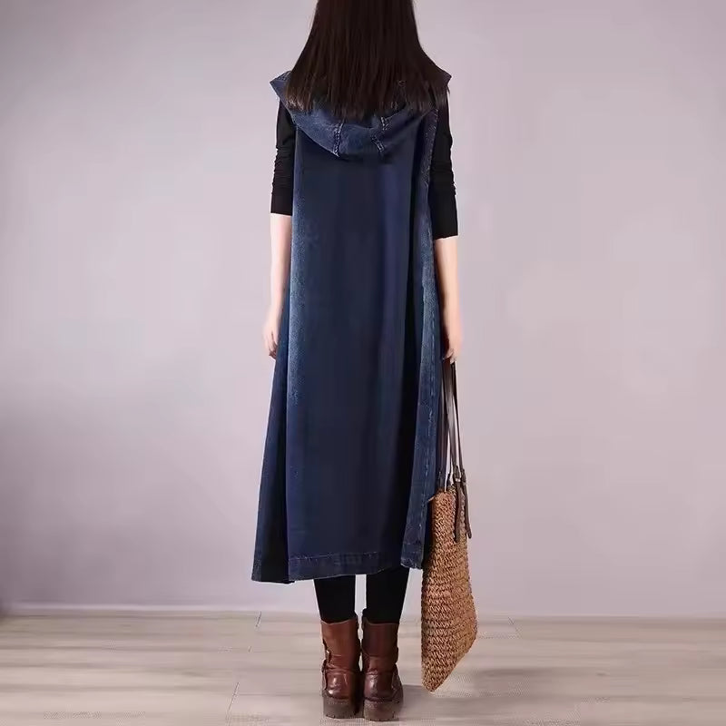 Vintage Loose Sleeveless Long Denim Vest Hooded Jacket Blazer