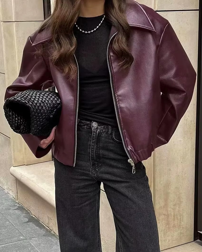 Vintage Zipper Long Sleeve Turn-Down Collar Pu Leather Outwear Jacket