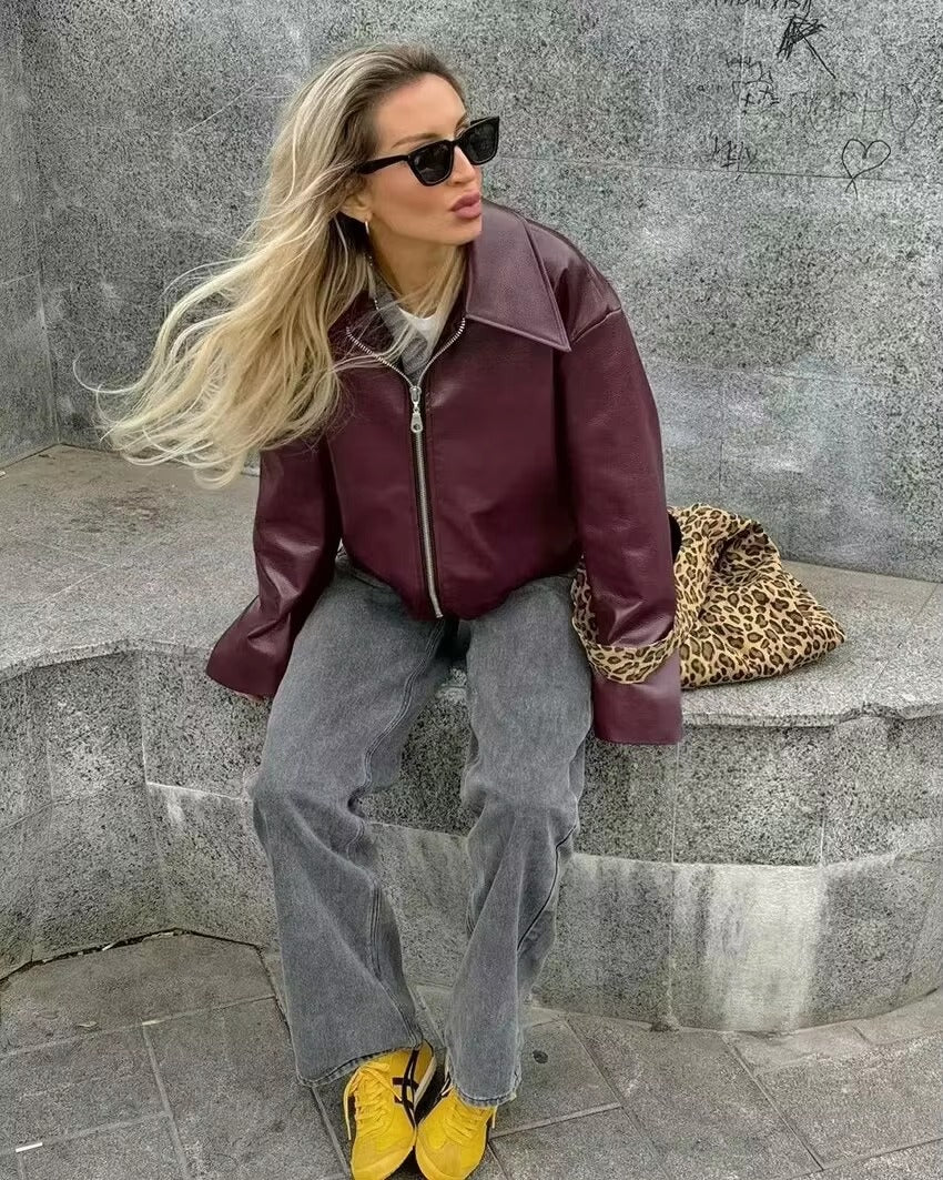Vintage Zipper Long Sleeve Turn-Down Collar Pu Leather Outwear Jacket