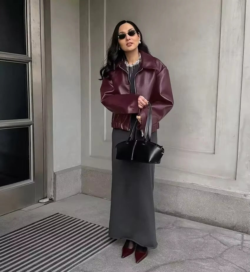 Vintage Zipper Long Sleeve Turn-Down Collar Pu Leather Outwear Jacket
