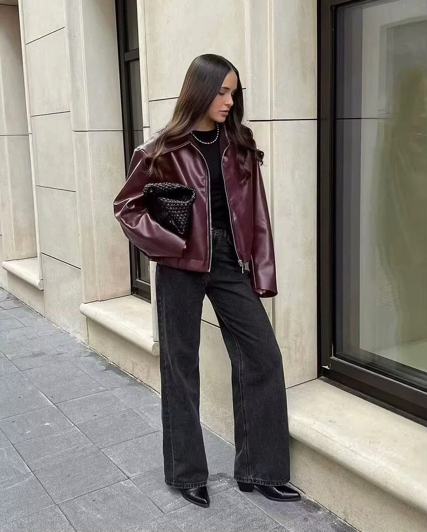 Vintage Zipper Long Sleeve Turn-Down Collar Pu Leather Outwear Jacket