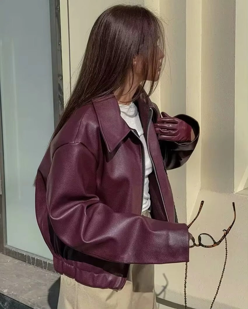 Vintage Zipper Long Sleeve Turn-Down Collar Pu Leather Outwear Jacket