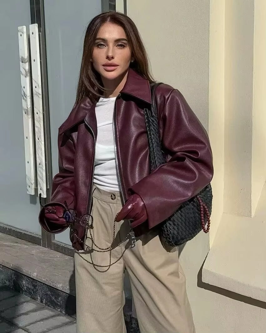 Vintage Zipper Long Sleeve Turn-Down Collar Pu Leather Outwear Jacket