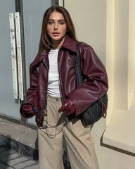 Vintage Zipper Long Sleeve Turn-Down Collar Pu Leather Outwear Jacket