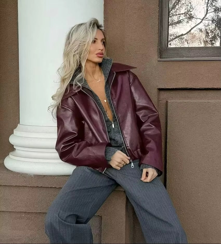 Vintage Zipper Long Sleeve Turn-Down Collar Pu Leather Outwear Jacket