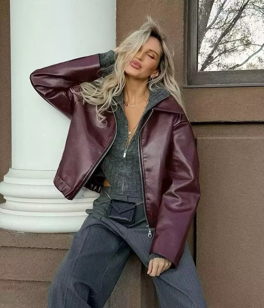 Vintage Zipper Long Sleeve Turn-Down Collar Pu Leather Outwear Jacket