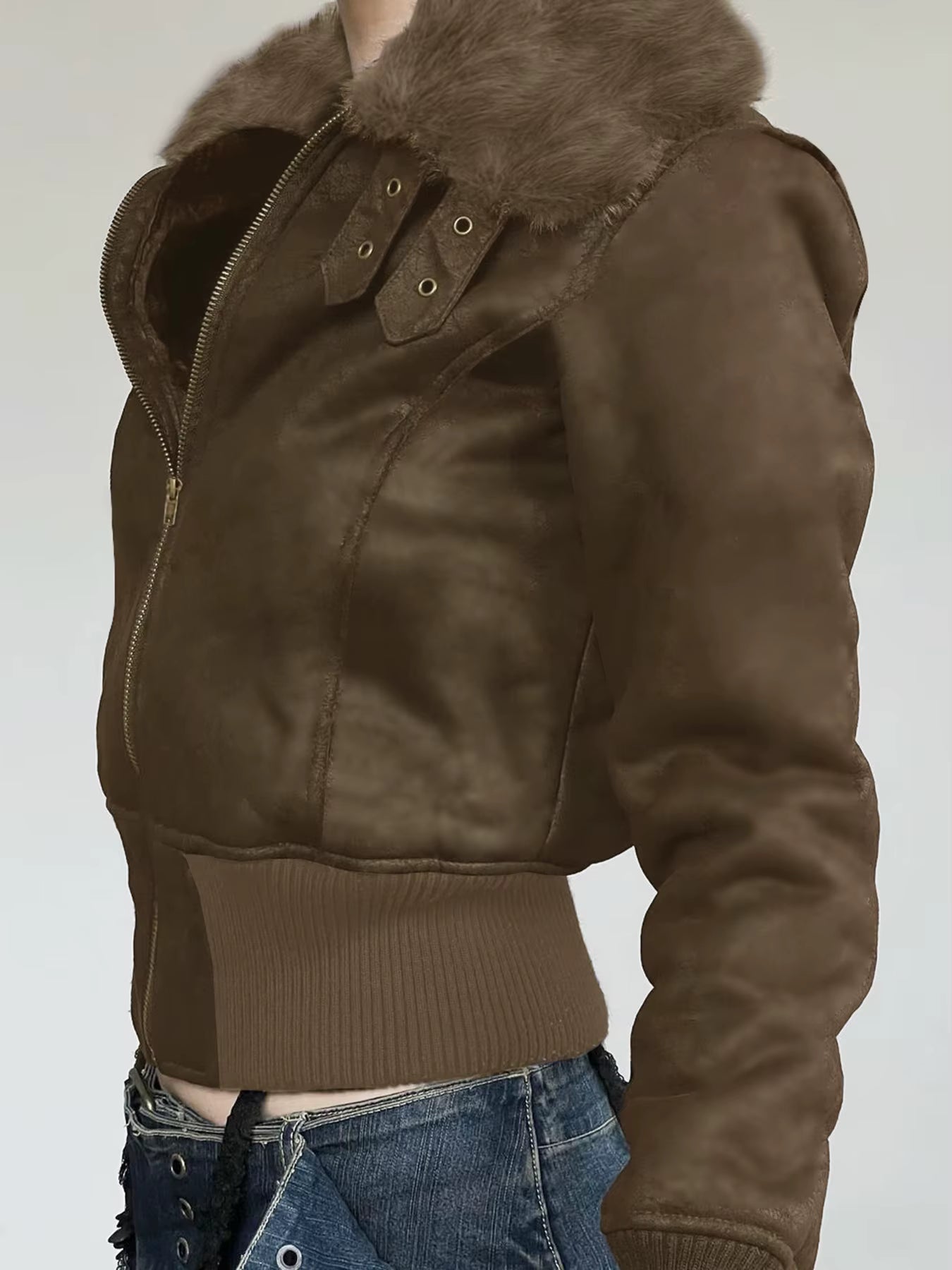 Vintage Zipper Slim Turn-Down Collar Fur Trim Patchwork Jackets