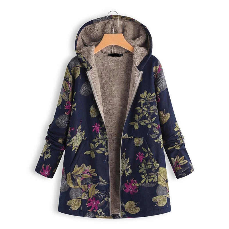 Warm Floral Print Vintage Oversized Coats Padded Hooded Jacket