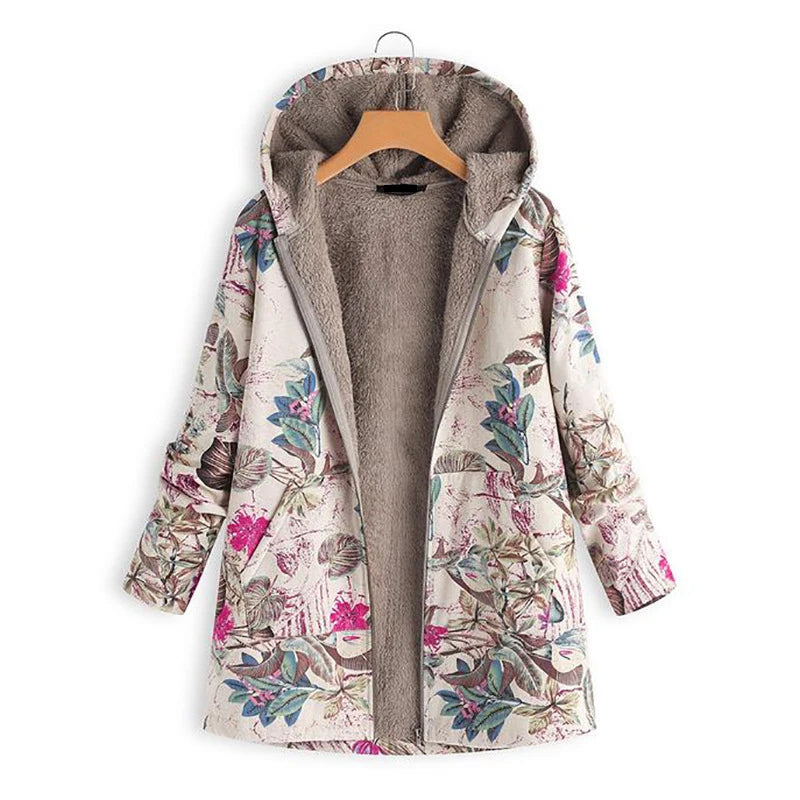 Warm Floral Print Vintage Oversized Coats Padded Hooded Jacket