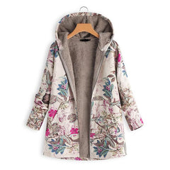 Warm Floral Print Vintage Oversized Coats Padded Hooded Jacket