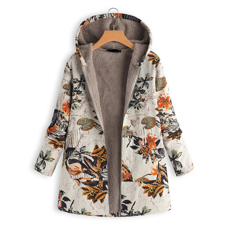 Warm Floral Print Vintage Oversized Coats Padded Hooded Jacket