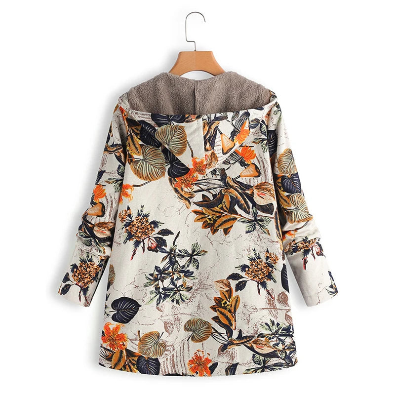 Warm Floral Print Vintage Oversized Coats Padded Hooded Jacket