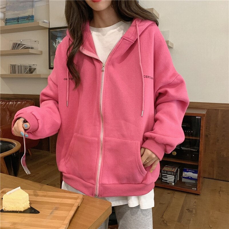 Zipper loose long-sleeved hoodie sweatshirts