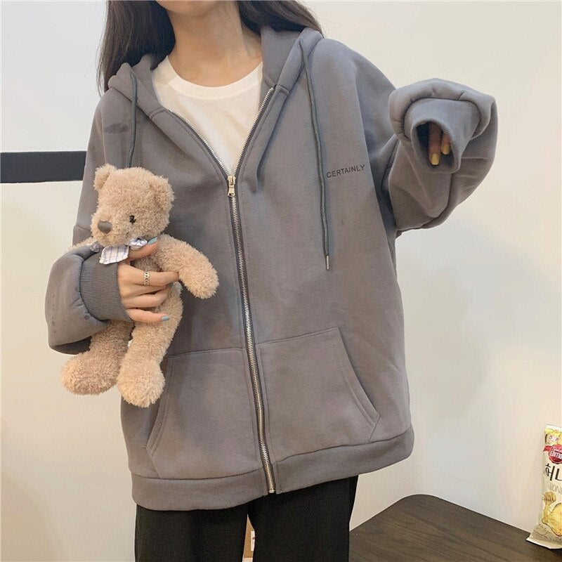 Zipper loose long-sleeved hoodie sweatshirts
