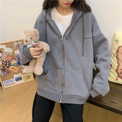 Zipper loose long-sleeved hoodie sweatshirts