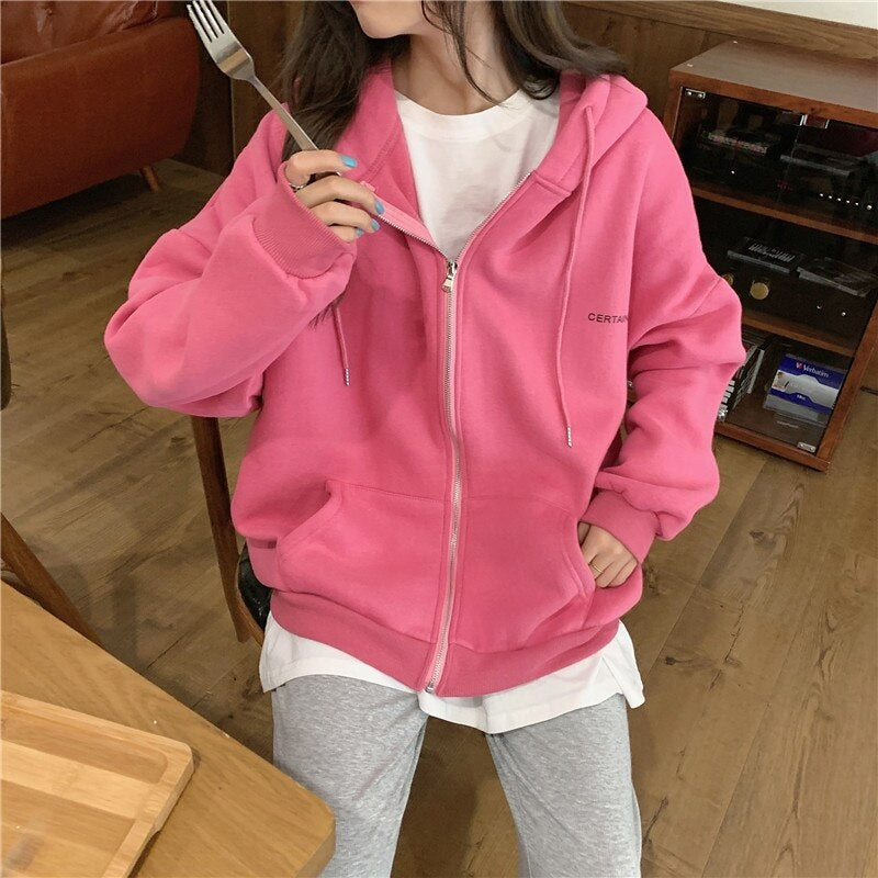 Zipper loose long-sleeved hoodie sweatshirts