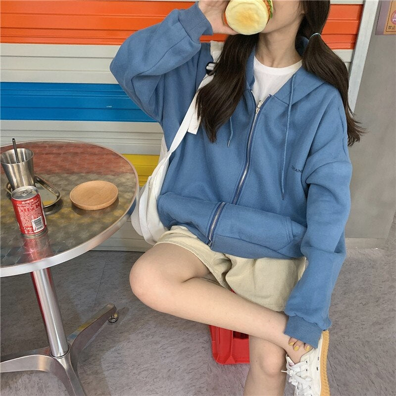 Zipper loose long-sleeved hoodie sweatshirts