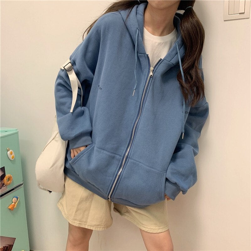 Zipper loose long-sleeved hoodie sweatshirts
