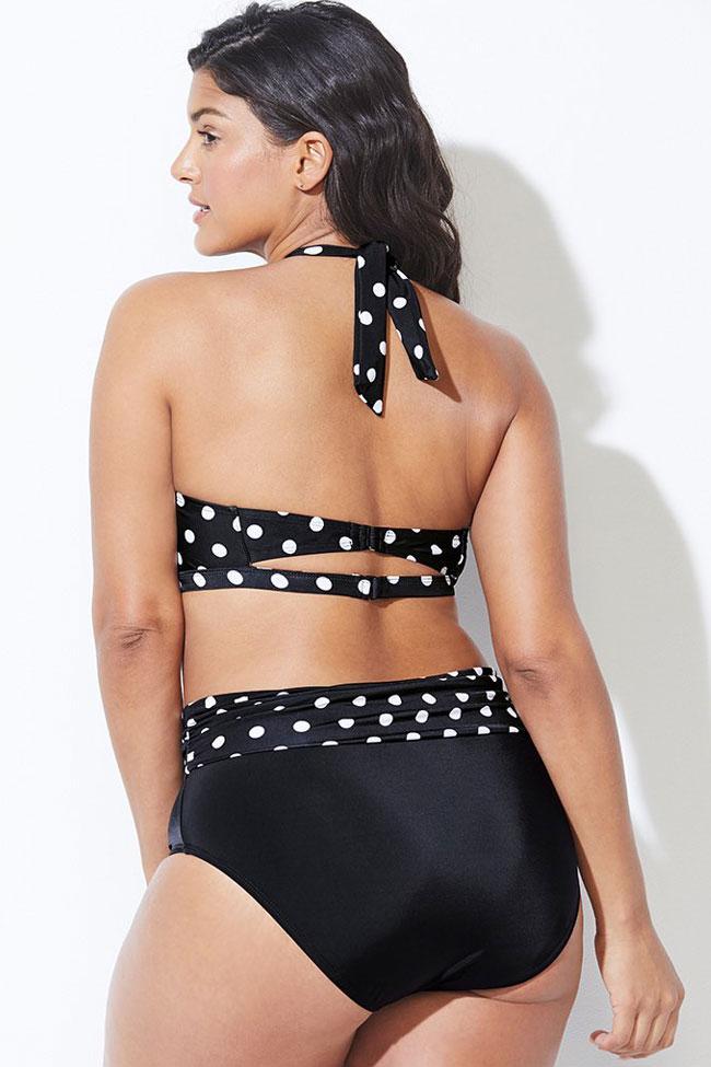 Plus Size Polka Dots High Waist Halter Bikini - Two Piece Set