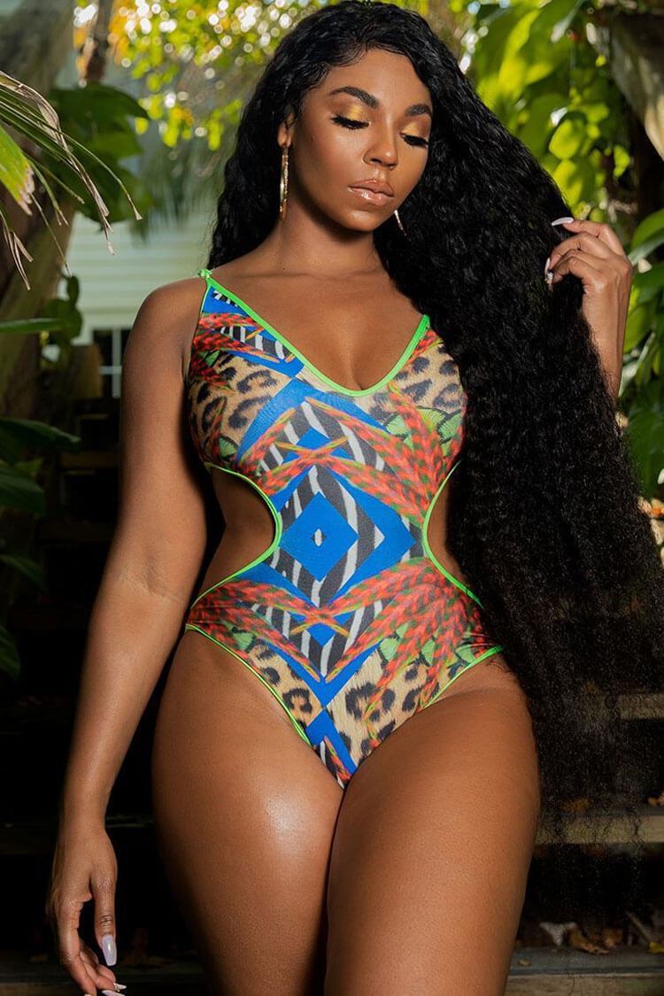 African Pattern Cutout Monokini One Piece Swimsuit