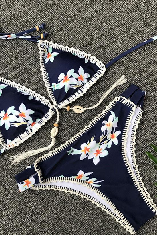 Navy Floral Printed Crochet Edge Sliding Triangle Bikini
