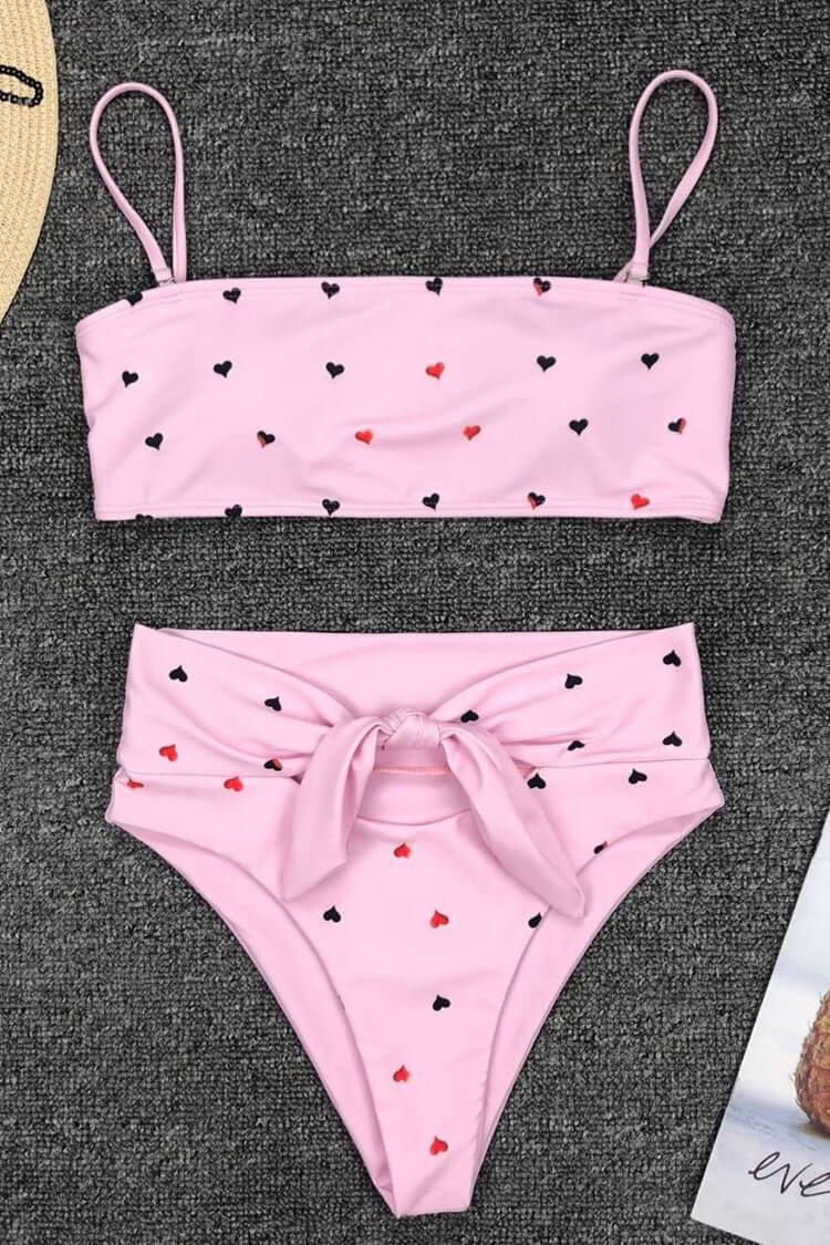 High Waisted Knotted Hearts Printed Bandeau Bikini - Two Piece Set