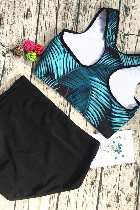 Green Black Palm Leaf Print High Waisted Crop Top Bikini