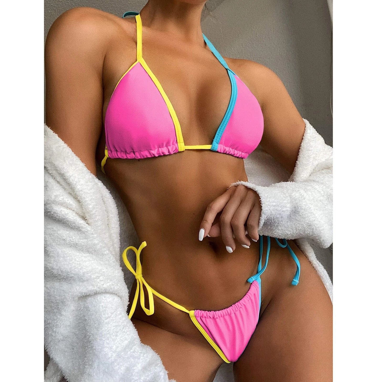 Neon Tie Side String Slide Triangle Bikini - Two Piece Swimsuit