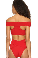 Red Off The Shoulder High Waisted Two Piece Swimsuit
