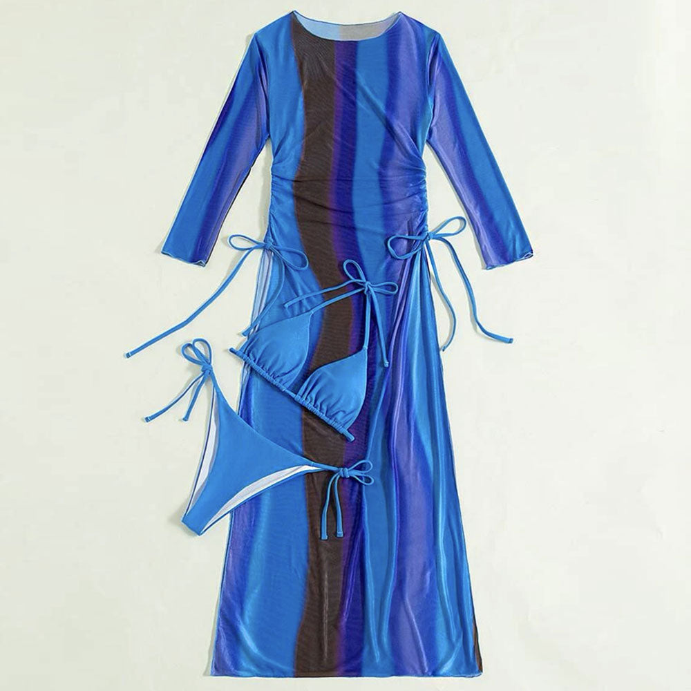 Abstract Long Sleeve Cover Up Slide Triangle Brazilian Three Piece Bikini