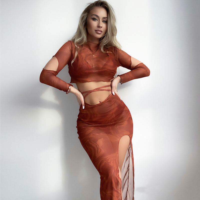 Abstract Mesh Cover Up Sarong Slide Triangle Brazilian Four Piece Bikini