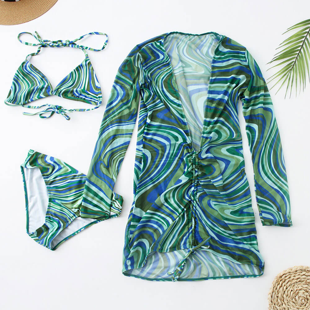 Abstract Print Mesh Cover Up Slide Triangle Brazilian Three Piece Bikini