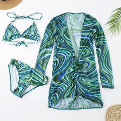 Abstract Print Mesh Cover Up Slide Triangle Brazilian Three Piece Bikini