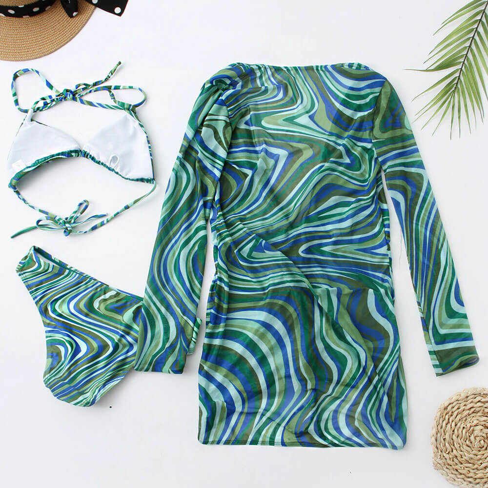 Abstract Print Mesh Cover Up Slide Triangle Brazilian Three Piece Bikini