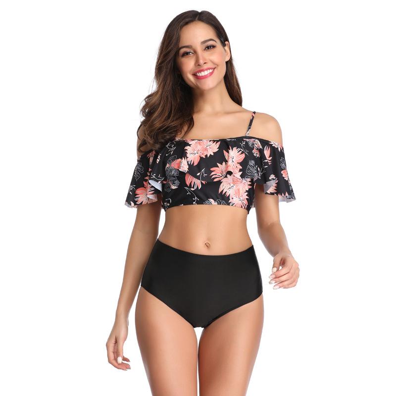 Cute Off Shoulder Ruffled High Waisted Crop Top Bikini