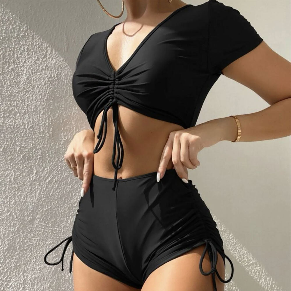 Active High Waist Boyshort Drawstring Sleeved Brazilian Two Piece Bikini