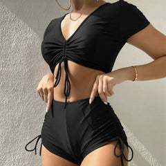 Active High Waist Boyshort Drawstring Sleeved Brazilian Two Piece Bikini