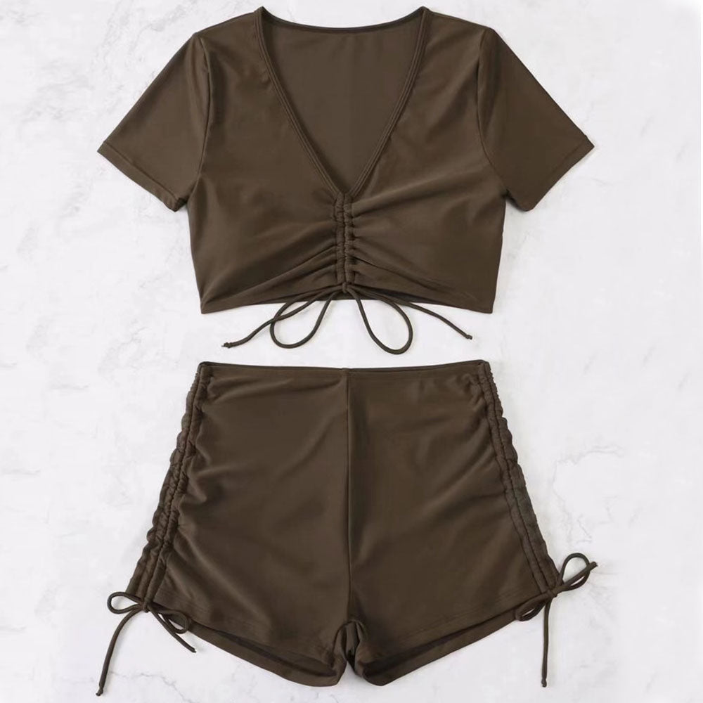Active High Waist Boyshort Drawstring Sleeved Brazilian Two Piece Bikini