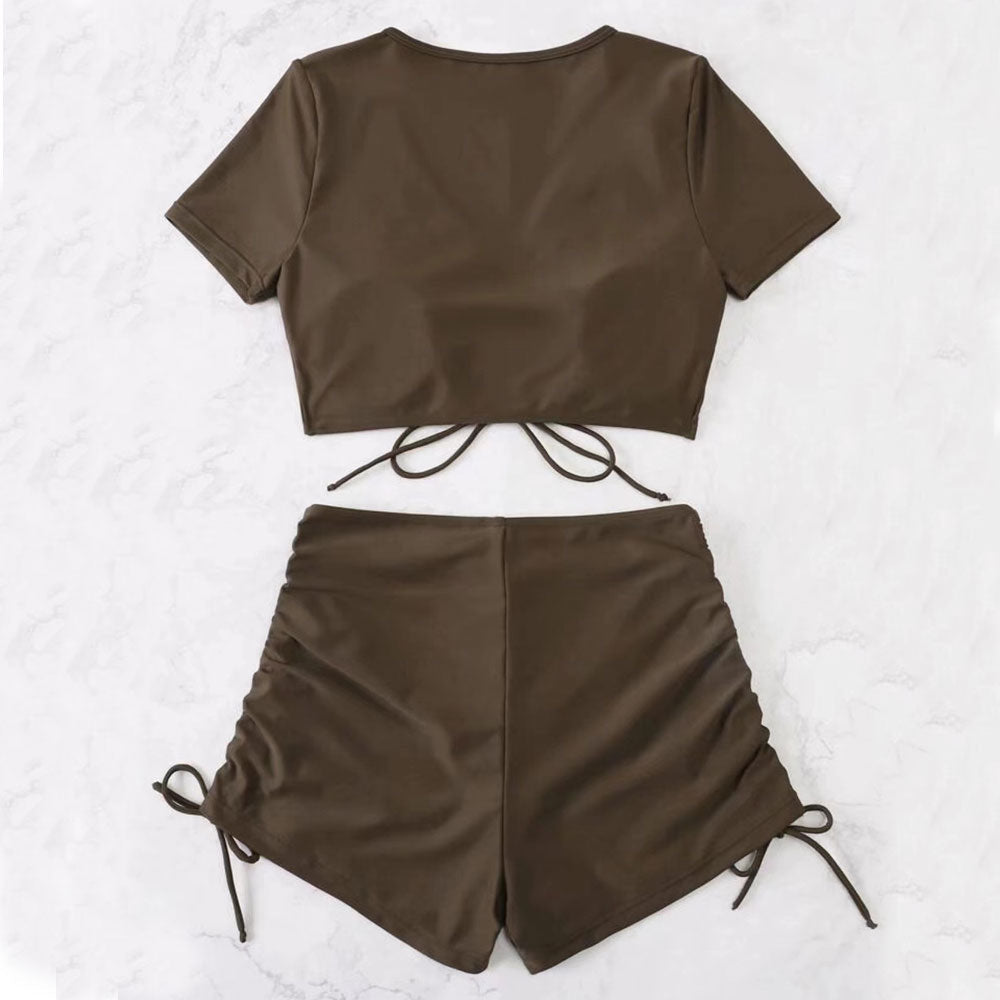 Active High Waist Boyshort Drawstring Sleeved Brazilian Two Piece Bikini