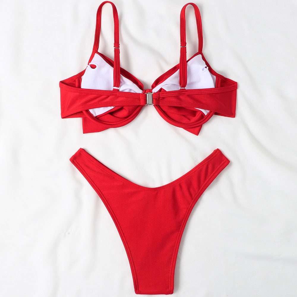 Adorable High Cut Ruched Bowknot Brazilian Two Piece Bikini