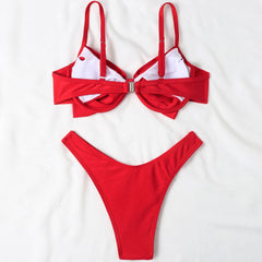 Adorable High Cut Ruched Bowknot Brazilian Two Piece Bikini