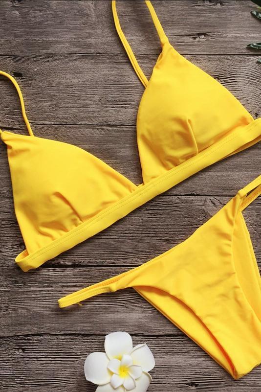 Yellow Triangle Brazilian String Thong High Cut Bikini Bathing Suit