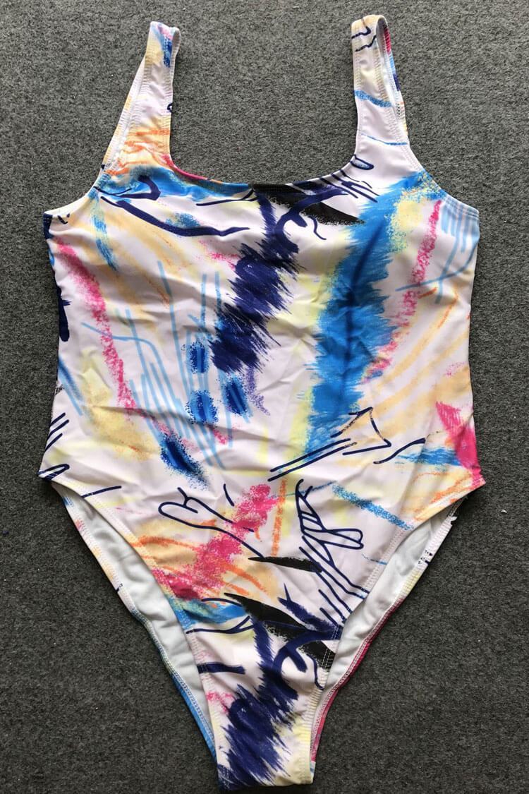 Plus Size Scrawl Printed High Leg One Piece Swimsuit