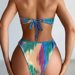 Artsy Tie Dye Shirred High Leg Bandeau Brazilian Two Piece Bikini