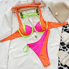 Asymmetric Color Panel Underwire Halter Brazilian Two Piece Bikini