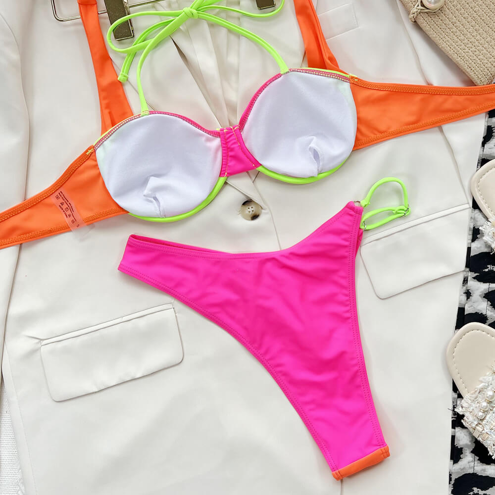 Asymmetric Color Panel Underwire Halter Brazilian Two Piece Bikini