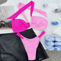 Asymmetric Contrast Trim Scrunch Back Brazilian Two Piece Bikini