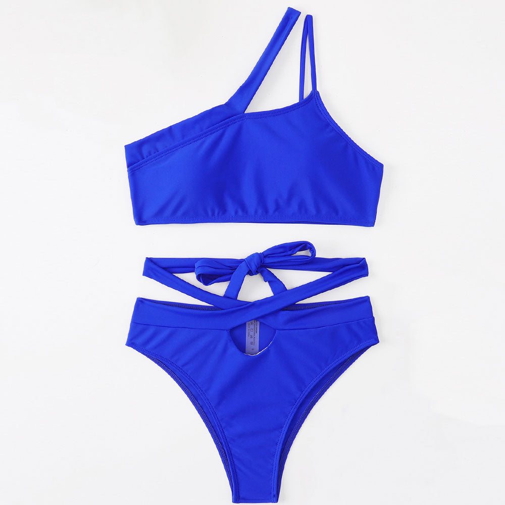 Asymmetric Wrap Around Solid On Shoulder Brazilian Two Piece Bikini