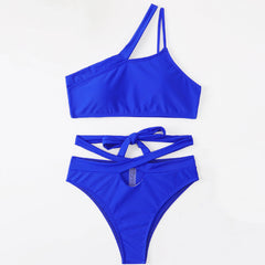 Asymmetric Wrap Around Solid On Shoulder Brazilian Two Piece Bikini